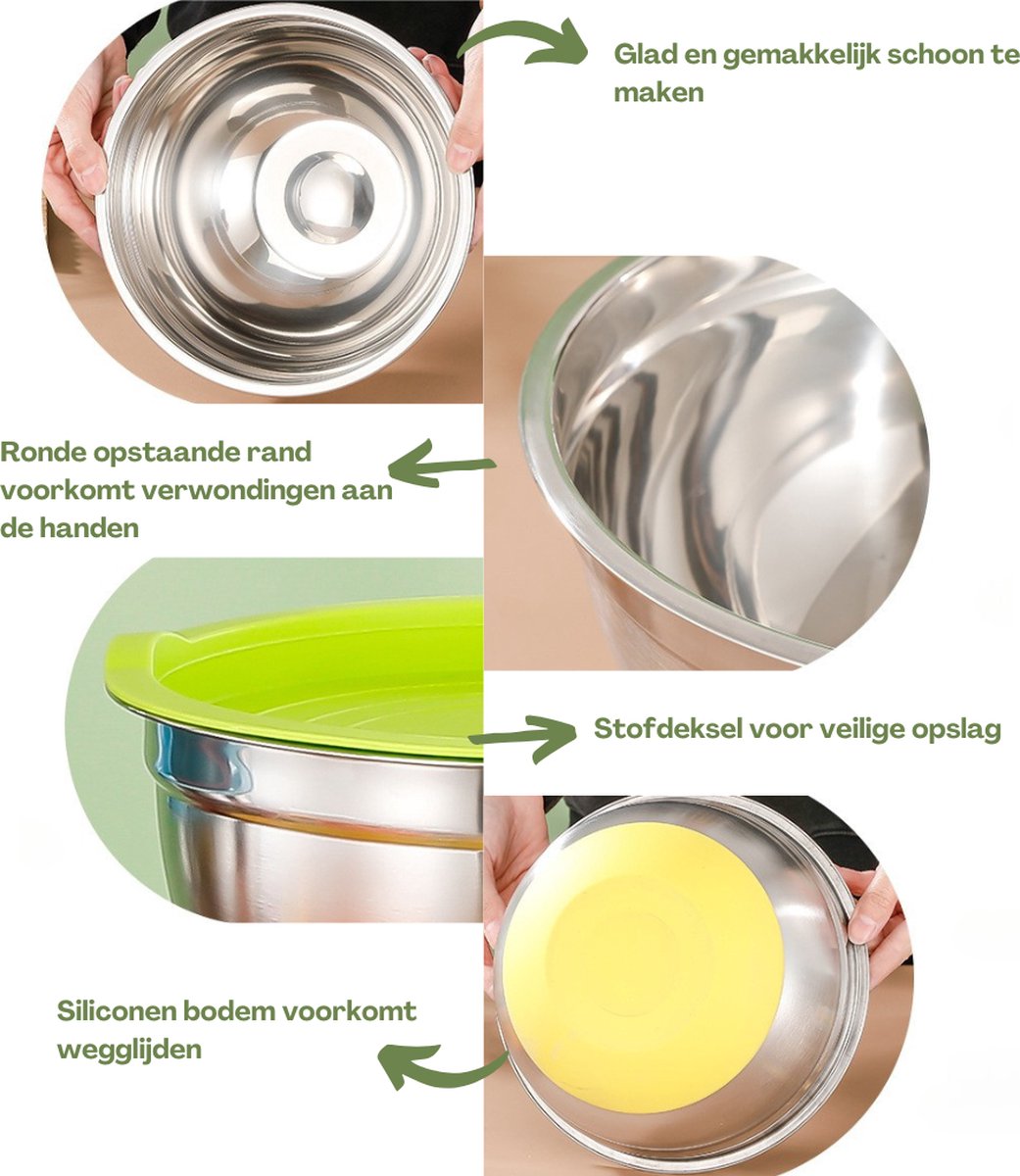 Livista® RVS Mengkommen Set - 5-delig - Saladeschalen en Keukenkommen - Verstevigd en Duurzaam - Antislip Siliconen Bodem - Inclusief Deksel