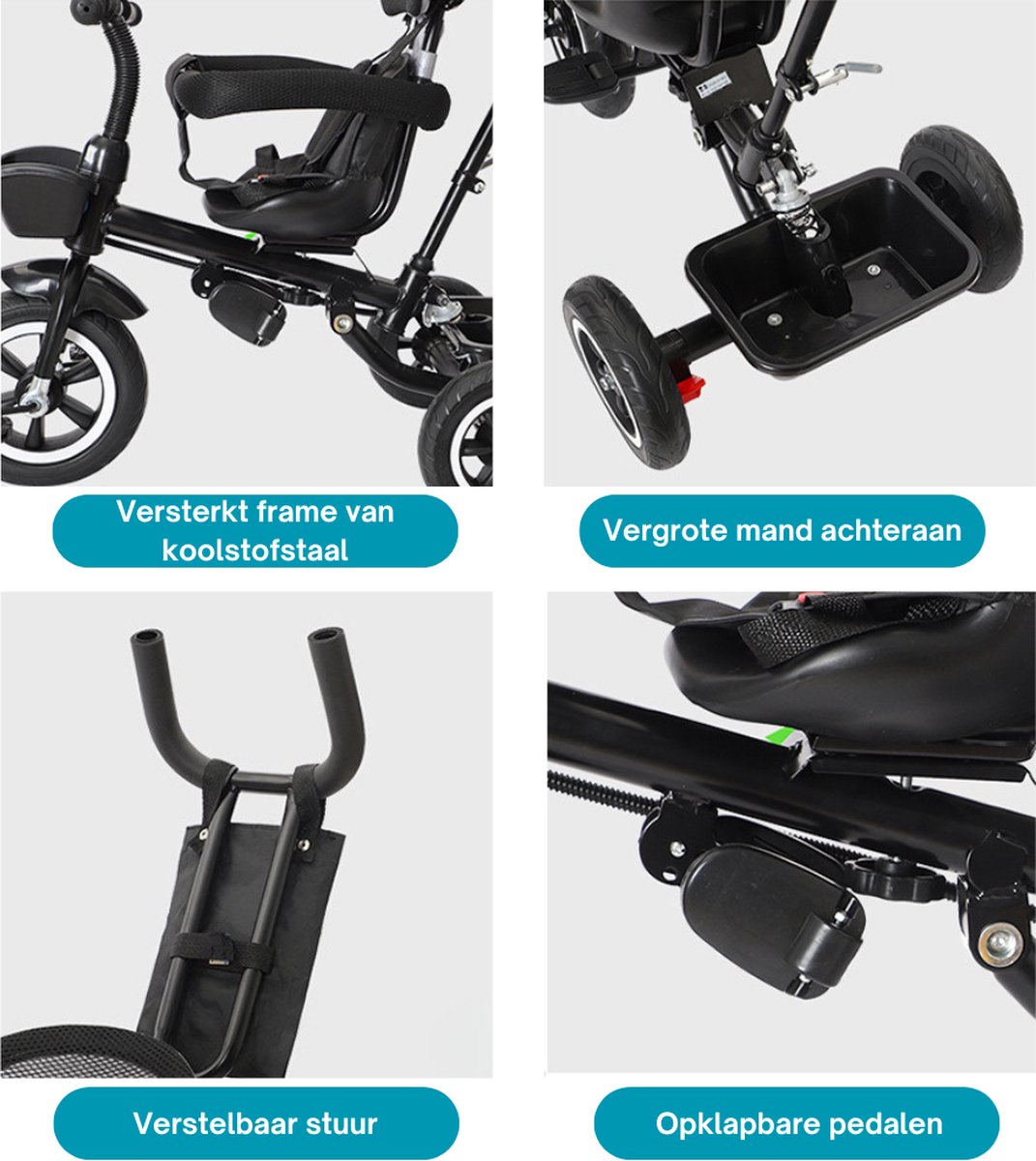 Livista® Tricycle 2-in-1 - Geschikt voor Kinderen van 12 maanden tot 6 jaar - Verstelbare Zitplaats - Duwstang - Verstelbare Zonnescherm - Veiligheidsriemen - Lederen Zitplaats - Duurzame Wielen - Opvouwbaar - Zwart