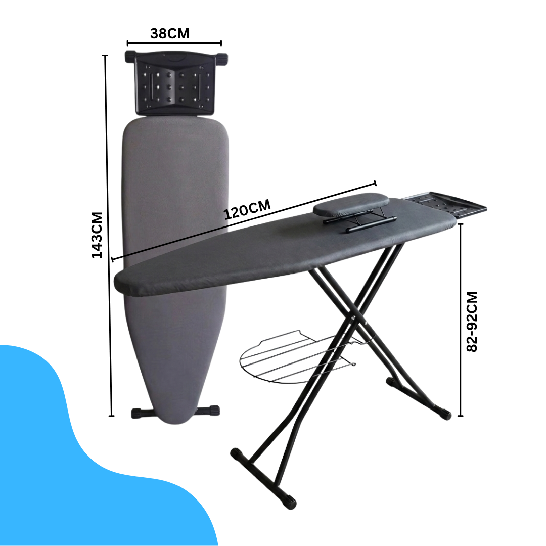 Livista Strijkplank – 120x38 cm – Met Mouwplankje en Opbergrek – Verstelbaar in 6 Hoogtes – Extra Groot Strijkijzerplateau – Stabiel Stalen Frame – Donkergrijs