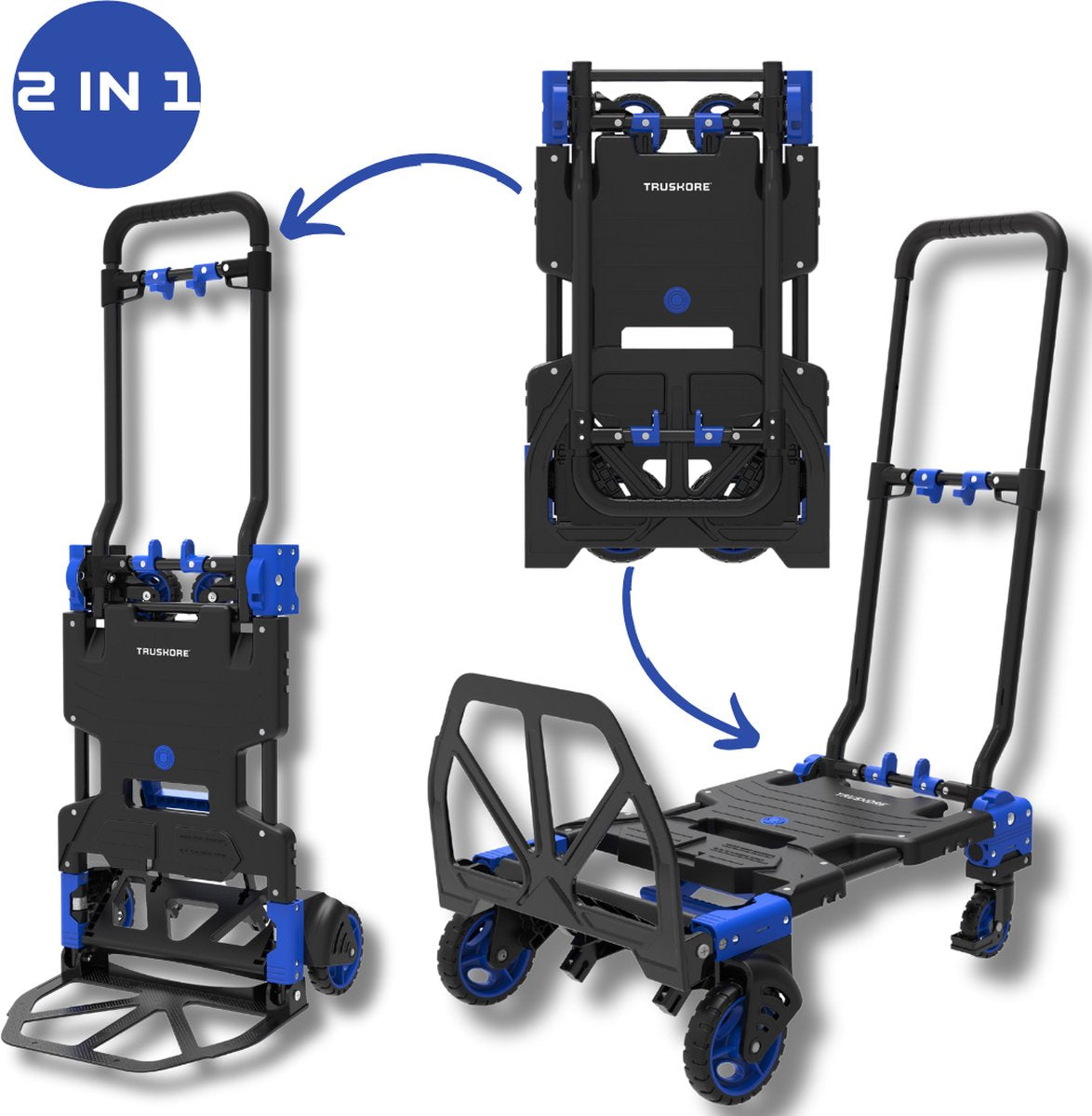 Truskore 2-in-1 Transportwagen - Draagvermogen Platformwagen Max. 150kg en Steekwagen Max. 75kg - Opvouwbaar Transportkar - Inklapbaar Plateauwagen - Steekkar - Magazijnwagen - Meubelroller