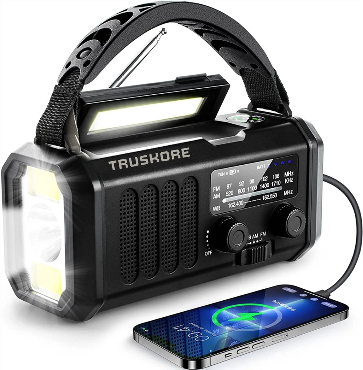 Truskore Noodradio - Solar Opwindbaar - 10.000mAh - Solar powerbank - Zonneenergie - Survival Noodpakket - Zaklamp Oplaadbaar - Noodpakket - Noodrantsoen - Zwart