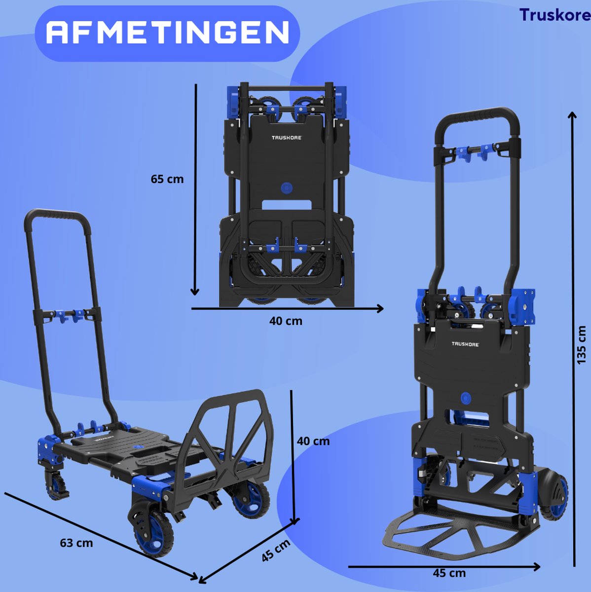 Truskore 2-in-1 Transportwagen - Draagvermogen Platformwagen Max. 150kg en Steekwagen Max. 75kg - Opvouwbaar Transportkar - Inklapbaar Plateauwagen - Steekkar - Magazijnwagen - Meubelroller