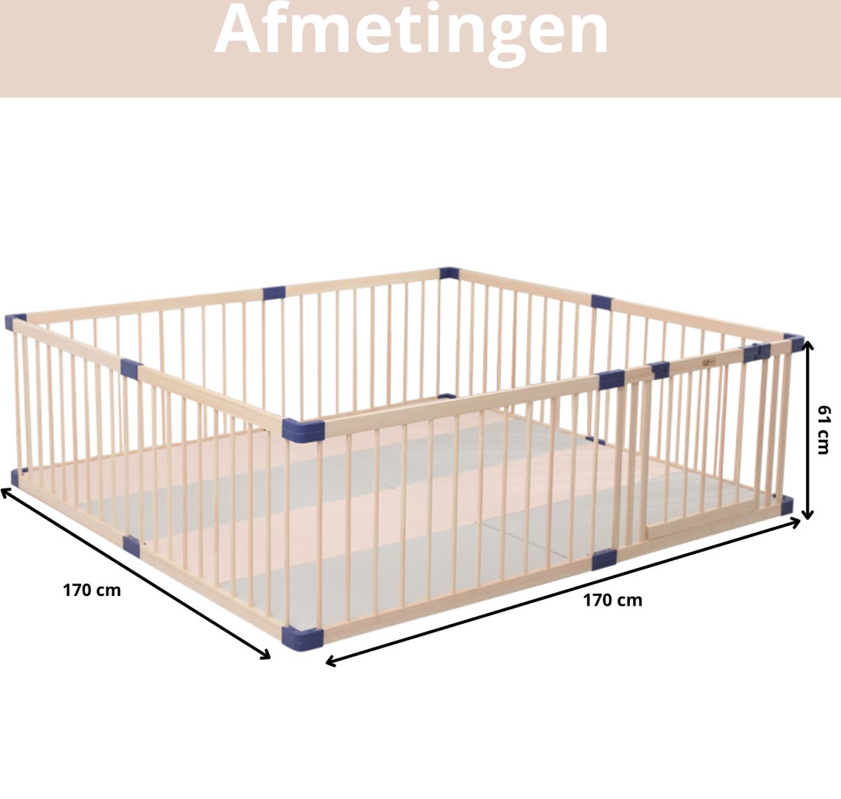 Livista Grondbox baby - Inklapbare box - Speelbox - Playpen baby - Babypark - Kruipbox – Kinderbox – Baby box – Blauwe Connectoren - Slim Kliksysteem - Hout - 170x170x61 CM