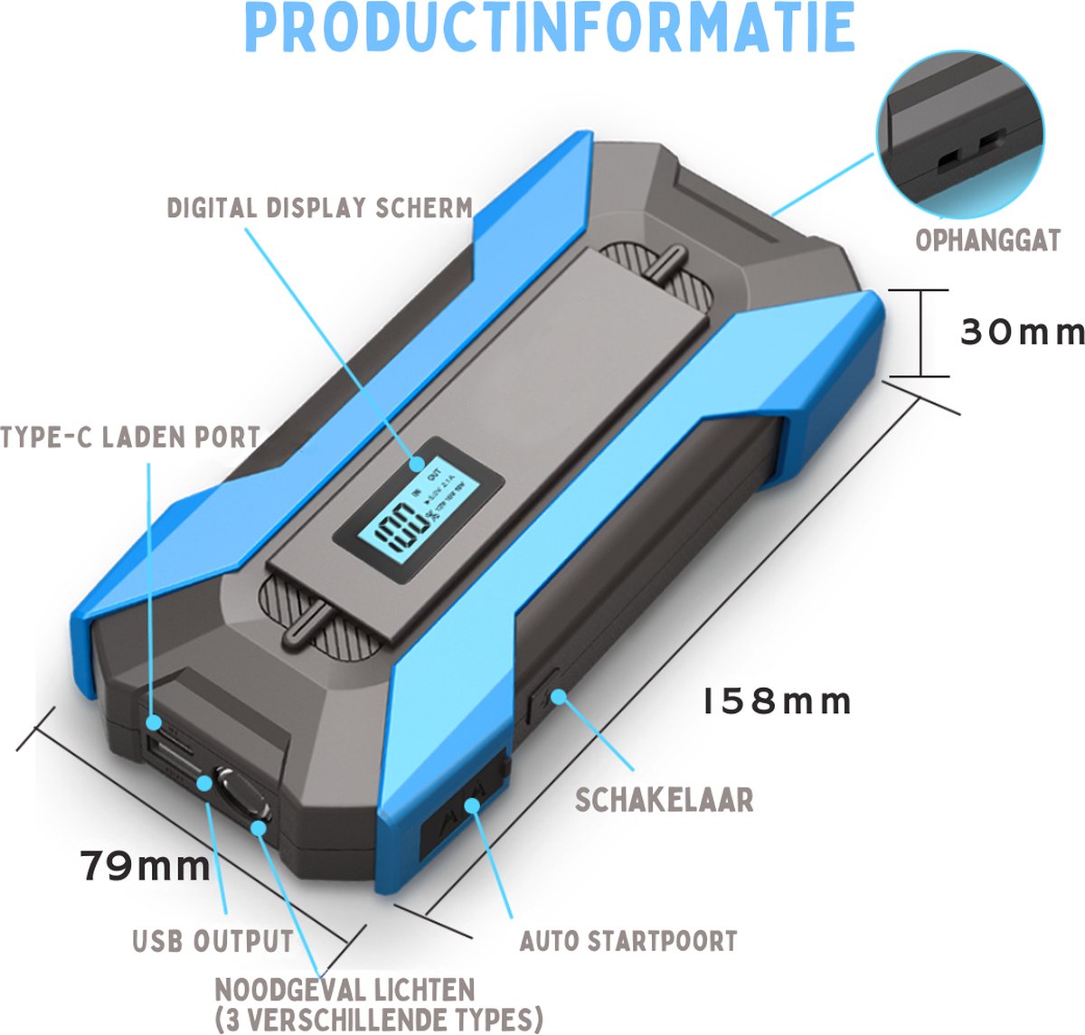 Truskore Jumpstarter - 12V - 800A - 10000 mAh - LED-lamp - Blauw/Zwart