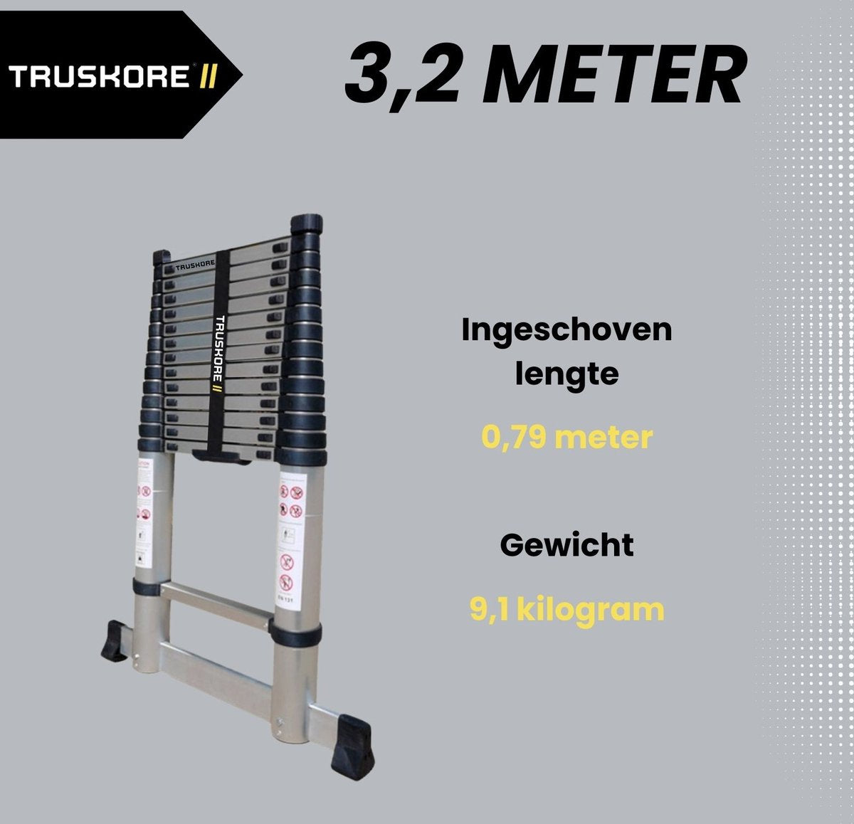 Truskore® Telescopische ladder 3.2 meter - Aluminium - Professionele Vouwladder - Telescoop ladder - Stevig & Vertrouwd - Soft Close - Volgens EU en NL veiligheidsnormen