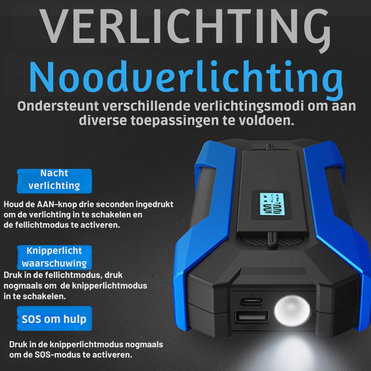 Truskore Jumpstarter - 12V - 800A - 10000 mAh - LED-lamp - Blauw/Zwart