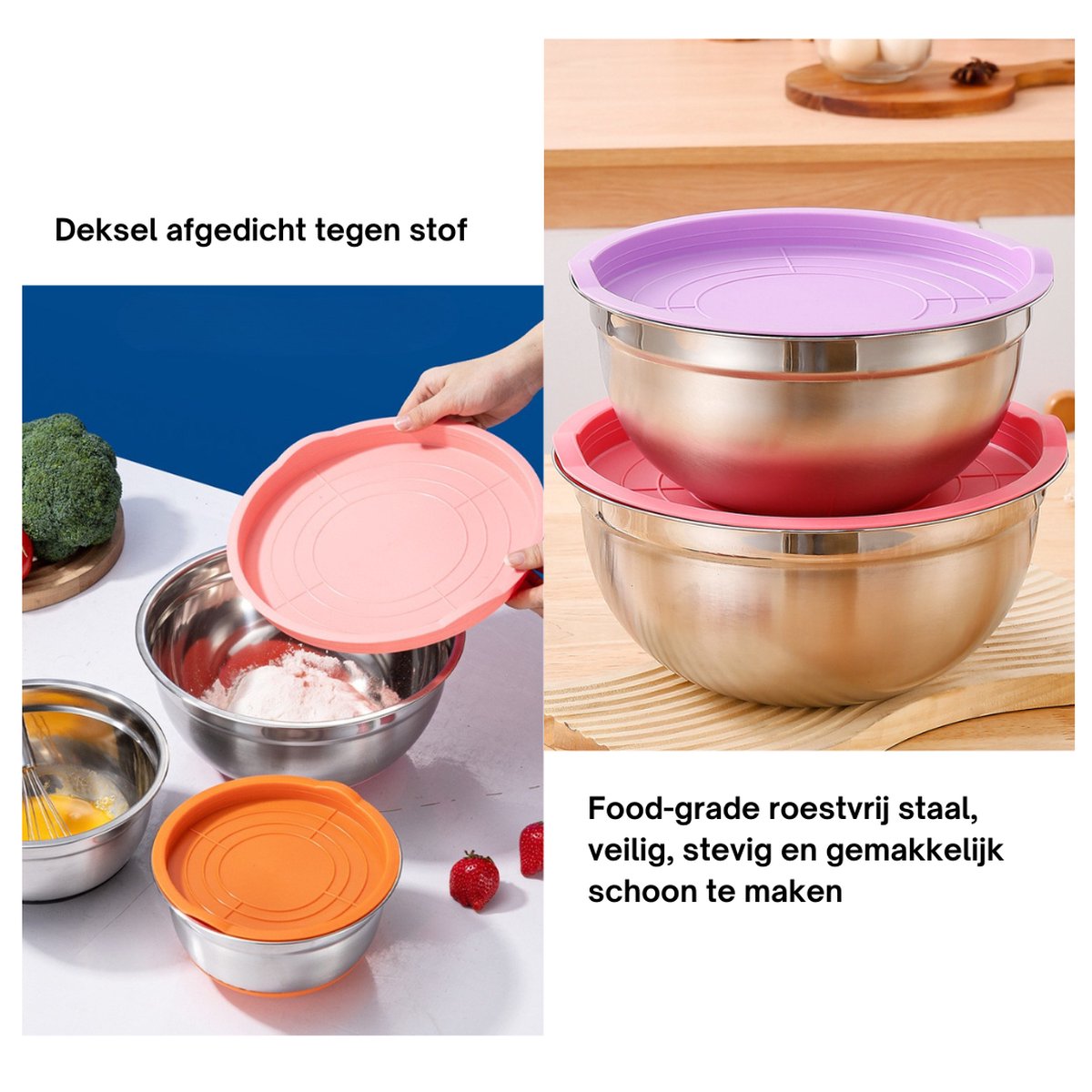 Livista® RVS Mengkommen Set - 5-delig - Saladeschalen en Keukenkommen - Verstevigd en Duurzaam - Antislip Siliconen Bodem - Inclusief Deksel