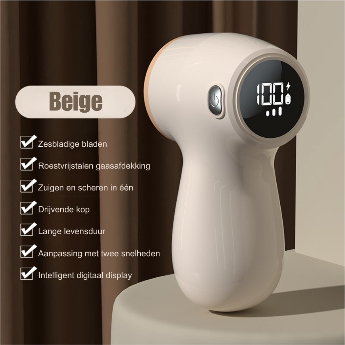 Livista® Schattige Crème-Witte Pluizentondeuse - Slimme Digitale Display - Scheren en Zuigen in Eén - Efficiënt Scheren met 6-Bladige Kop - USB Oplaadbaar - Draagbaar Ontwerp