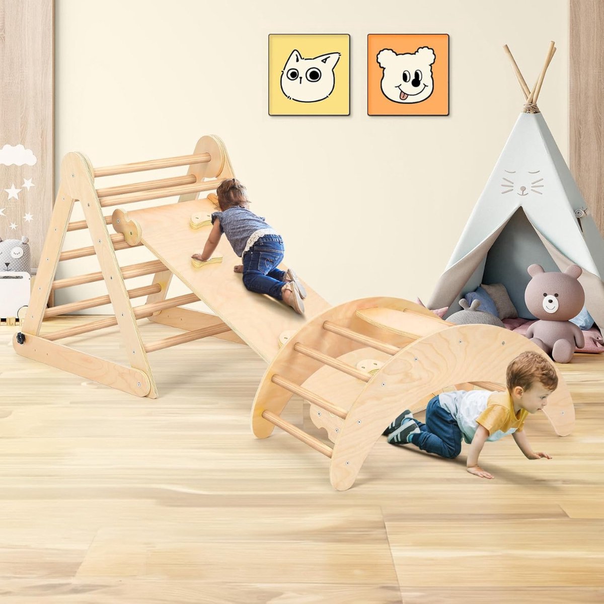 Livista Houten Klimrek - Pikler Driehoek met Glijbaan - Klimboog voor Binnen - Baby Speeltoestel - Hout Peuter Speelgoed - Leerzame Klimdriehoek