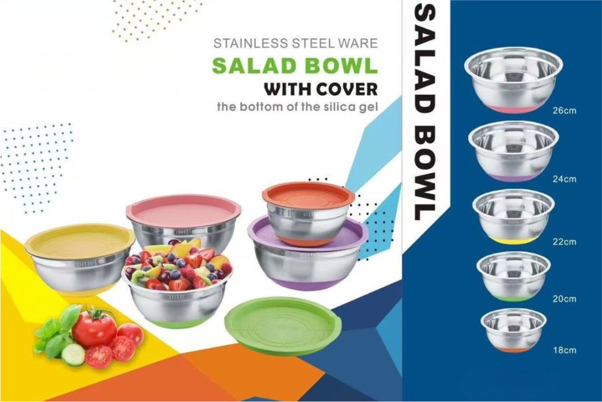 Livista® RVS Mengkommen Set - 5-delig - Saladeschalen en Keukenkommen - Verstevigd en Duurzaam - Antislip Siliconen Bodem - Inclusief Deksel