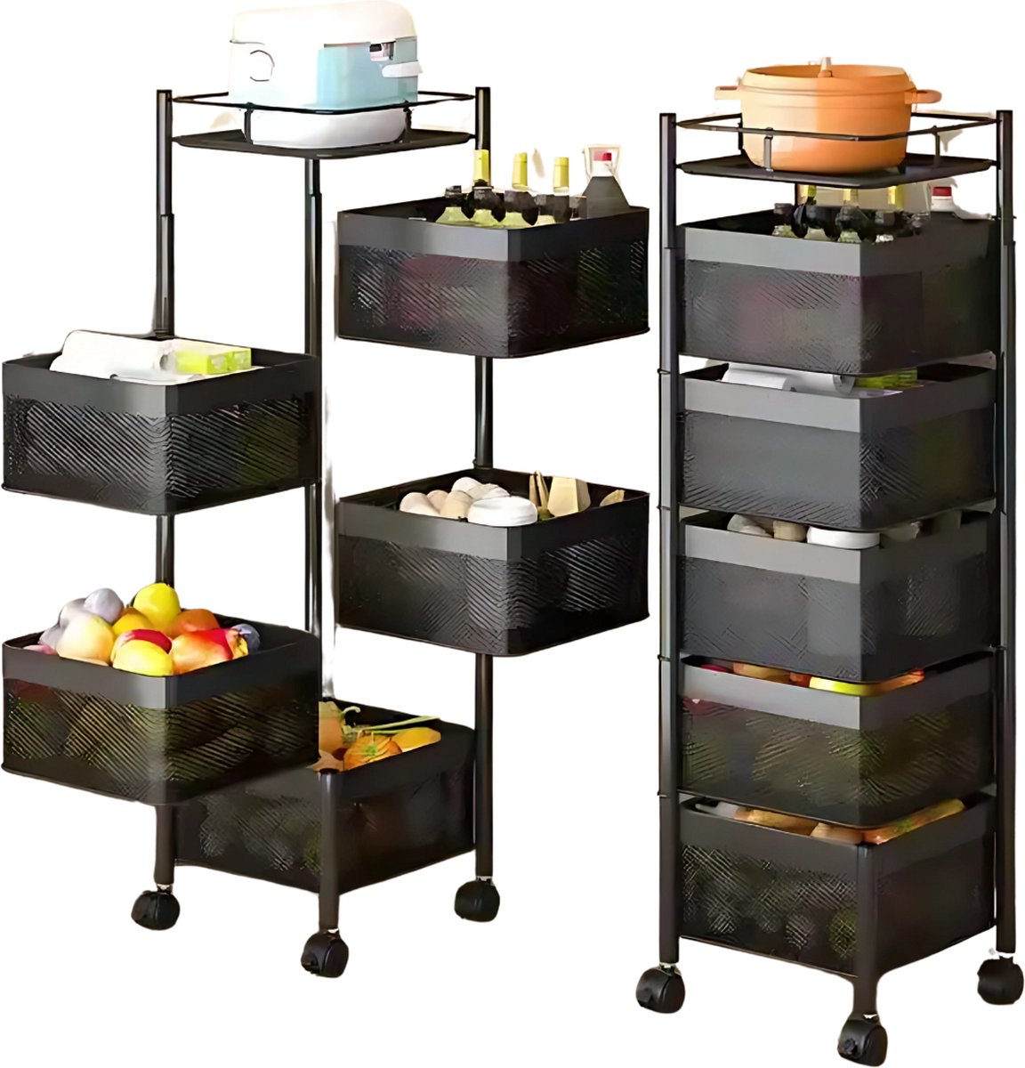 Livista Keukentrolley vierhoek - 5 laags - Keukentrolley voor groente en fruit - Keukenrek op wielen - Opbergkast met manden - Carbon staal - 29 x 29 x 90 cm (LxBxH) - Zwart
