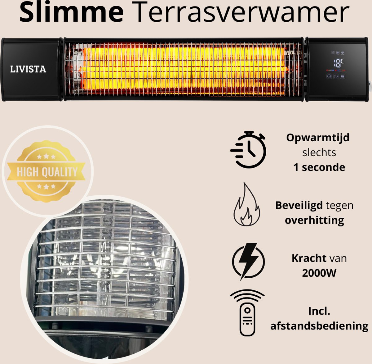 Livista Slimme Terrasverwarmer - Heater Elektrisch - 2000W - Heater - Bediening met App of Afstandsbediening - Muur Montage - Binnen en Buiten - Zwart