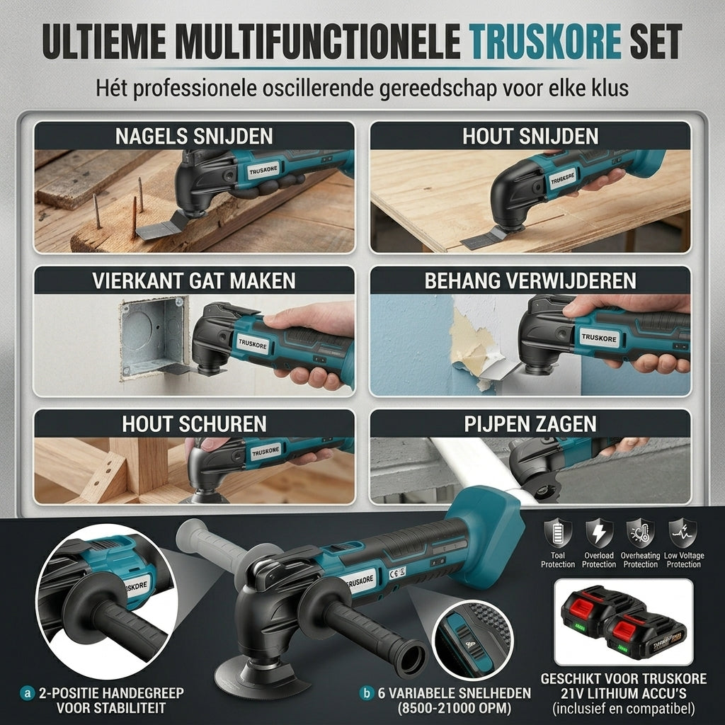 Truskore Multitool Accu 21V – Multitool Set Incl. 2 Accu’s – Oscillerende Multitool – Compatibel met Makita LXT – 7 Opzetstukken - 15 Schuurvellen