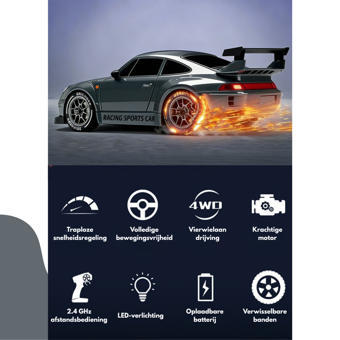 Livista Snelle RC Drift Auto 1:24 – Drift Raceauto met 4WD – Afstandsbestuurbare Auto – 20 km/h – LED Verlichting – 3 Oplaadbare Accu’s – Driftbanden – Zwart