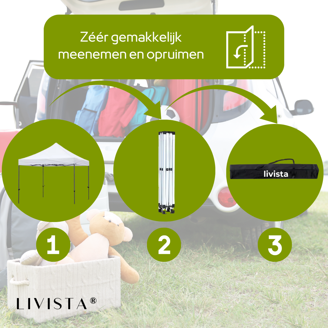 Livista Partytent 3x3m Easy Up - Waterdicht - Wit - Opvouwbaar - Met Draagtas