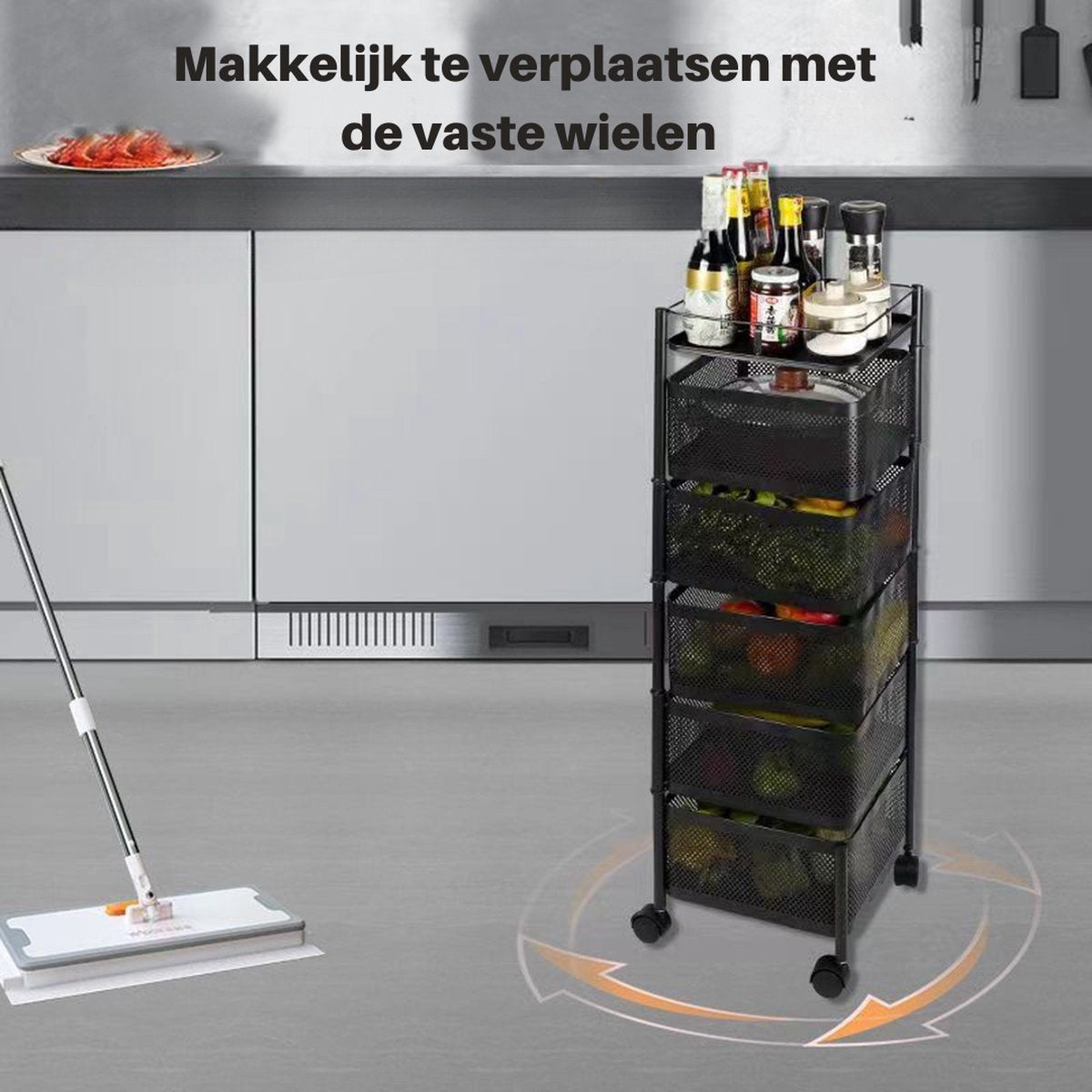 Livista Keukentrolley vierhoek - 5 laags - Keukentrolley voor groente en fruit - Keukenrek op wielen - Opbergkast met manden - Carbon staal - 29 x 29 x 90 cm (LxBxH) - Zwart