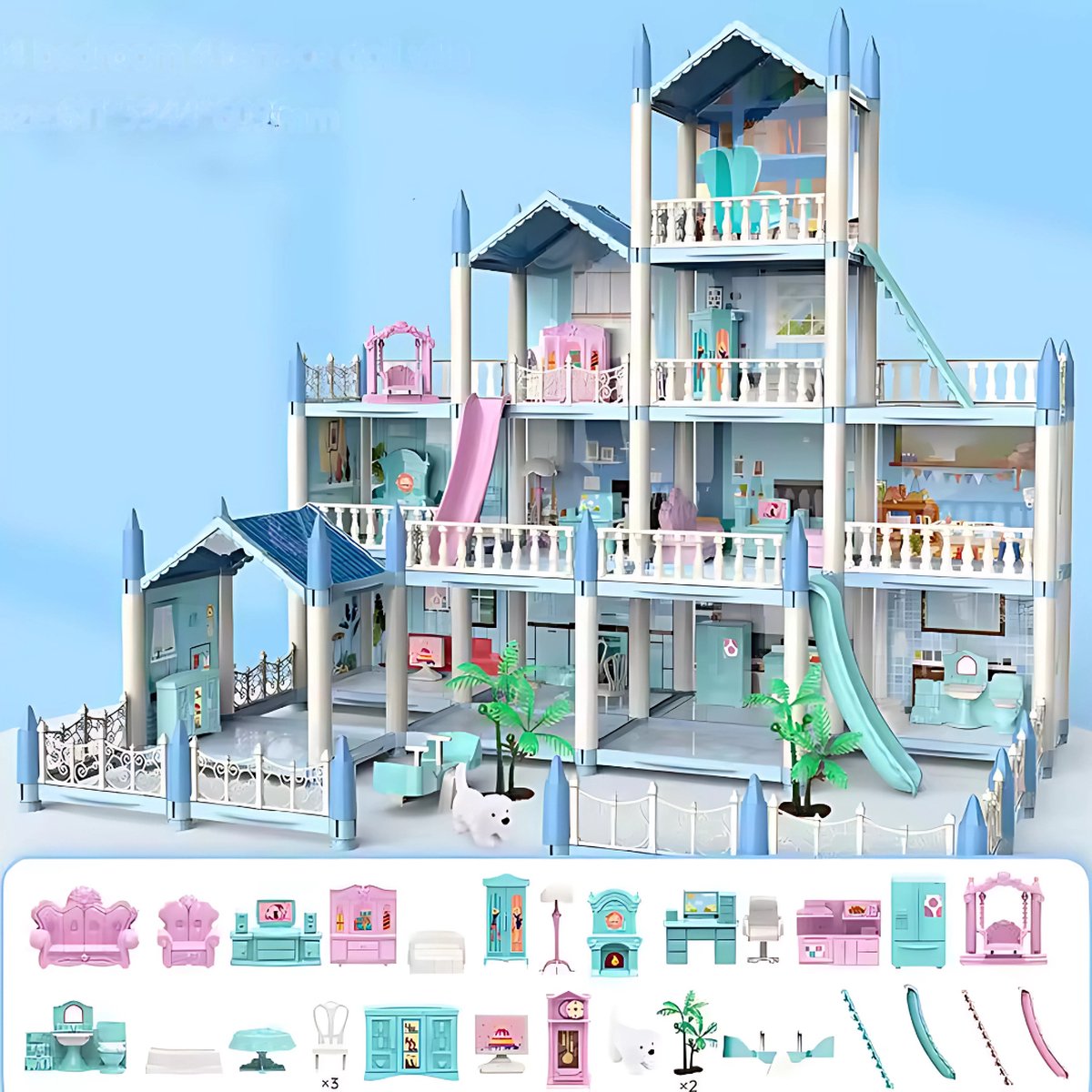 Livista Poppenhuis - Kasteel Speelset- met Meubel en Kleurenlicht Accessoires - Gift Speelgoed voor Jonge Meisjes Vanaf 3 jaar - Blauw