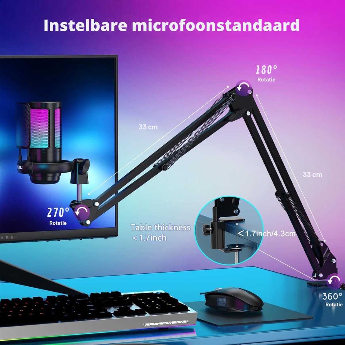 Truskore Microfoon met arm - USB - gaming - RGB Condensatormicrofoon - met Mute-Knop, Popfilter, Microfoonarm - Luxe microfoon