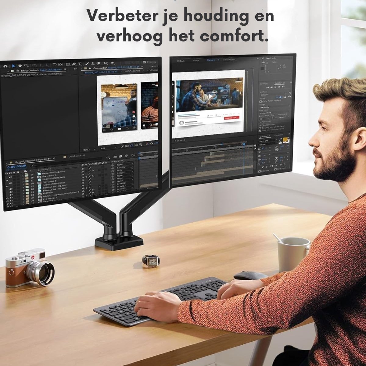 Truskore Dubbele Monitor arm - Monitor Beugel voor 13-32 Inch - Verstelbaar - Universeel - Zwart
