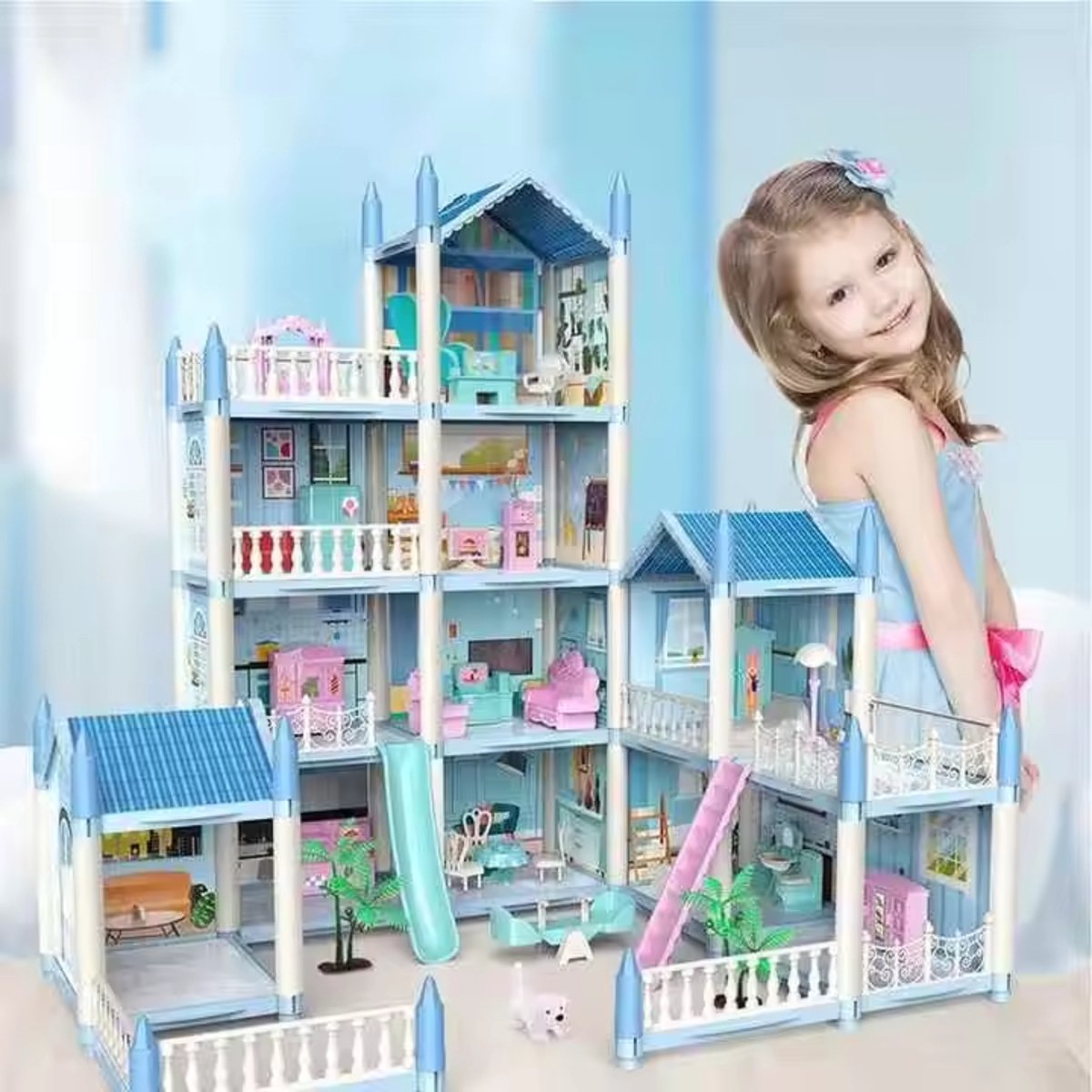 Livista Poppenhuis - Kasteel Speelset- met Meubel en Kleurenlicht Accessoires - Gift Speelgoed voor Jonge Meisjes Vanaf 3 jaar - Blauw