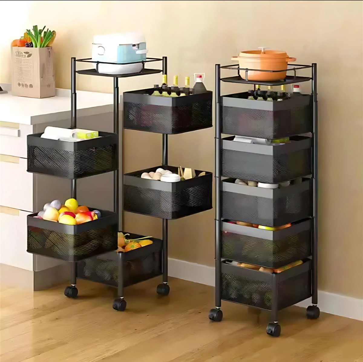 Livista Keukentrolley vierhoek - 5 laags - Keukentrolley voor groente en fruit - Keukenrek op wielen - Opbergkast met manden - Carbon staal - 29 x 29 x 90 cm (LxBxH) - Zwart