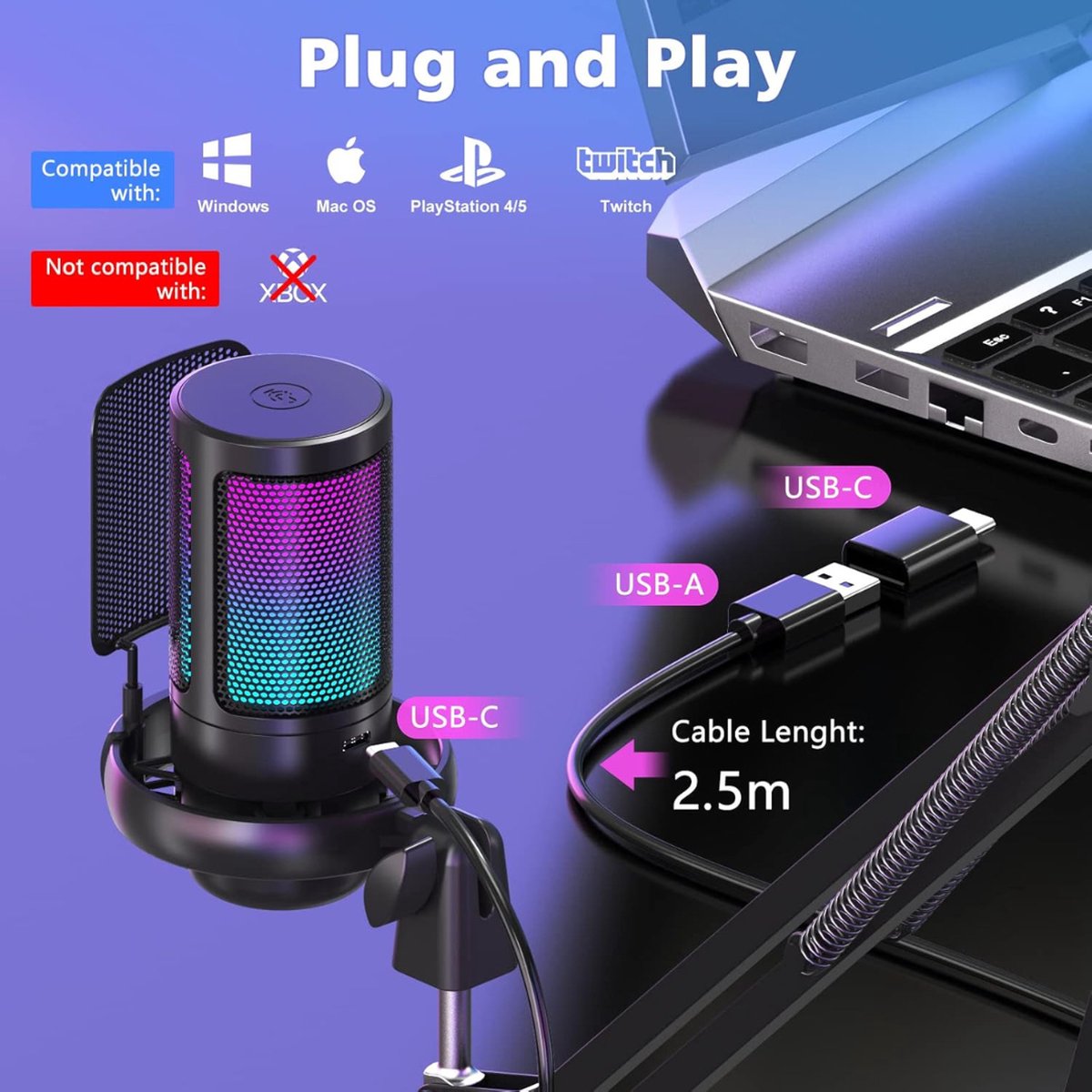 Truskore Microfoon met arm - USB - gaming - RGB Condensatormicrofoon - met Mute-Knop, Popfilter, Microfoonarm - Luxe microfoon
