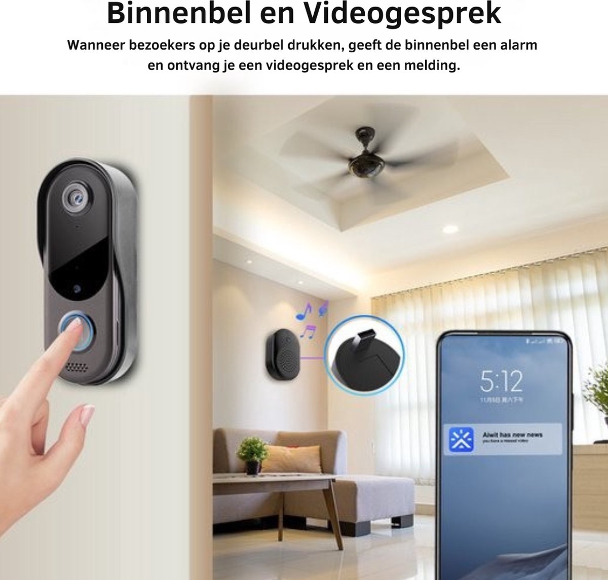 Truskore Video deurbel met camera en wifi - Draadloos, beveiliging Video Intercom Draadloze, inclusief twee batterijen
