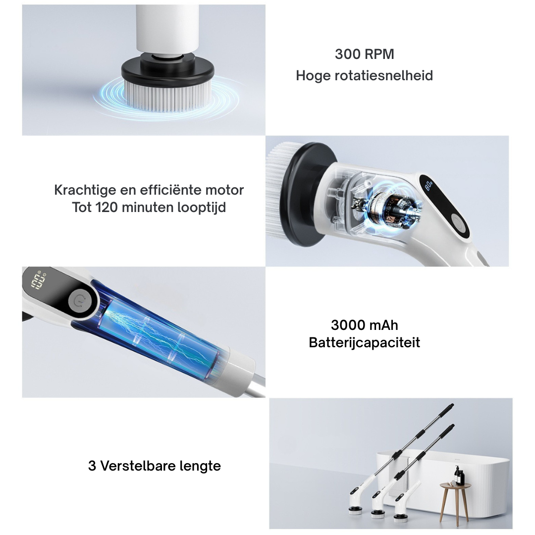 Livista Elektrische Reinigingsborstel – Lengte Verstelbaar tussen 36–137 cm – 300RPM Krachtige Rotatie – 4 Snelheidsinstellingen – 90~120 min Gebruik – 8 Opzetstukken – Geschikt voor Badkamers, Keukens, Glas, Auto's, Wastafels en Meer – Wit