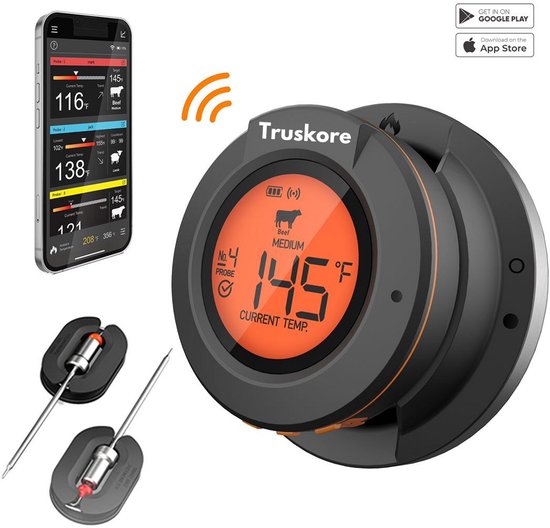 Truskore Vleesthermometer - Smart BBQ Thermometer - Inclusief Bluetooth, App & 2 Meetsondes