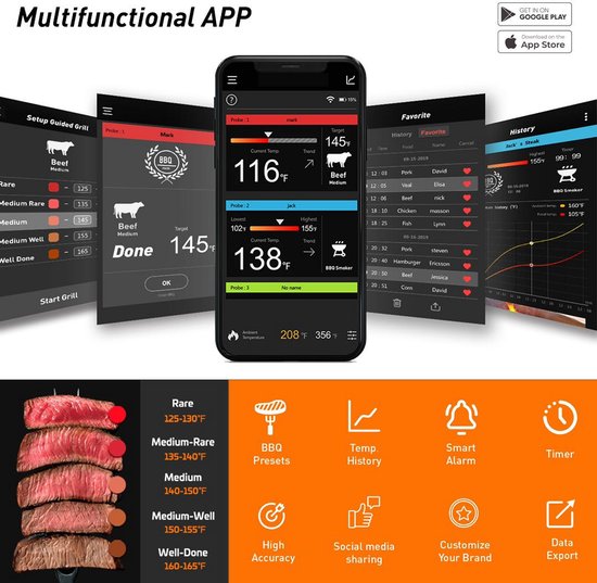 Truskore Vleesthermometer - Smart BBQ Thermometer - Inclusief Bluetooth, App & 2 Meetsondes