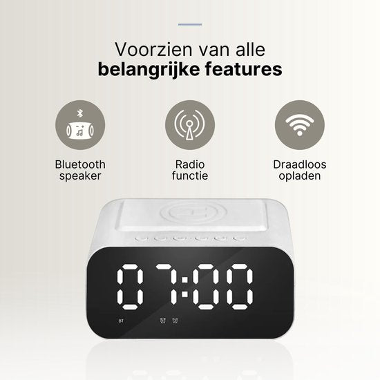 Livista Digitale wekker met radiofunctie - draadloze oplader - Wekker-Wit - Bluetooth-speaker - Wekkers digitaal - Thermometer functie - Wekkers digitaal op netstroom - Dubbel alarm - Digitale-Wekkerradio