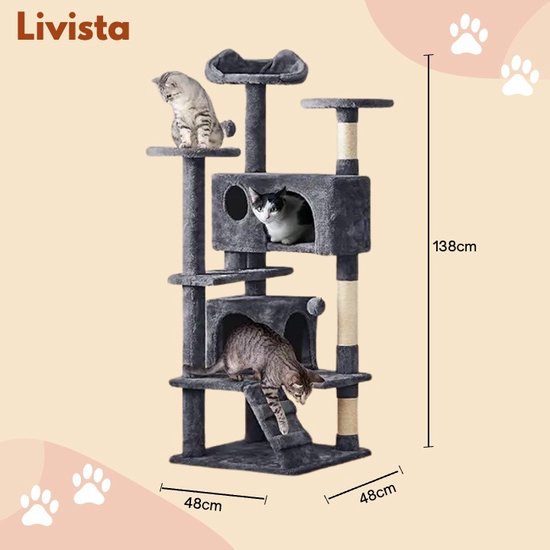 Livista Krabpaal voor Katten - Met 7 Verdiepingen - 138x48x48 CM - Donkergrijs - Krabpaal Voor Grote Katten
