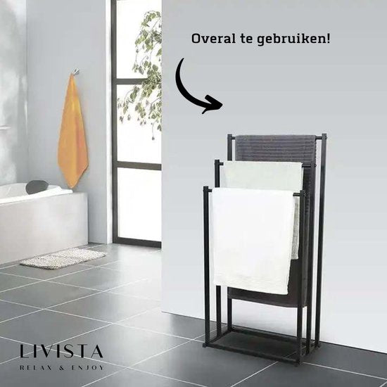 Livista Handdoekrek Badkamer zonder boren - Handdoekhouder - 3 Armen - Staand - Zwart - Metaal