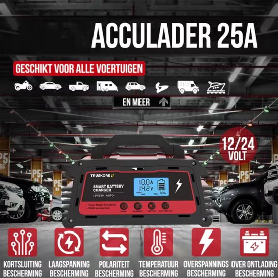 Truskore® Industriële Acculader - 12/24V 5/10/25A - Geschikt voor Diverse Voertuigen - Volautomatische Bediening - Dikke Koperen Kern Ontwerp - Repareer modus - Oplaad Puls Technologie
