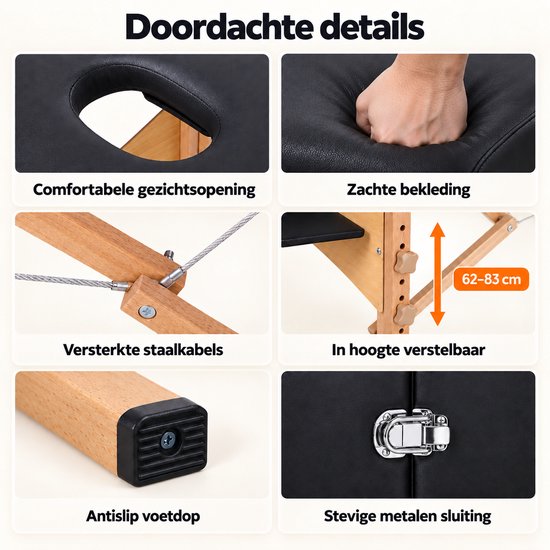 Livista® Multifunctioneel Massagetafel - Opvouwbaar - Poten van beukenhout - Hoogwaardig schuim - In hoogte verstelbaar (62-83 cm) - Draagvermogen 250 kg - Schoonheidsbed - Inclusief opbergtas