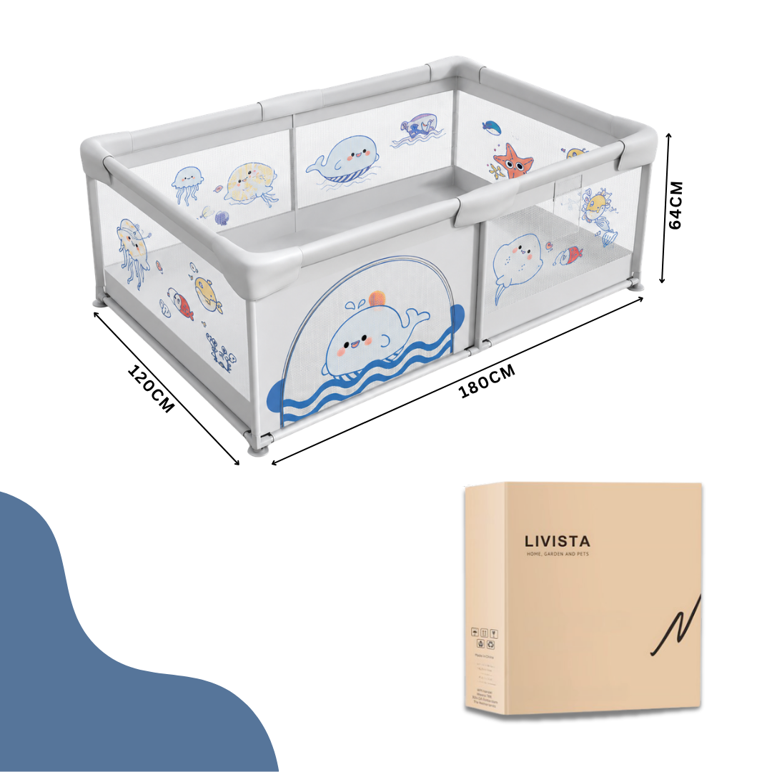 Livista Grondbox Baby - Binnenmaat 120x180cm - Inclusief Kruipmat - Met 60 Speelballen, 4 Trekringen - Met Walvisthema - Kinderbox - Speelbox - Playpen - Met Draagtas - Grijs
