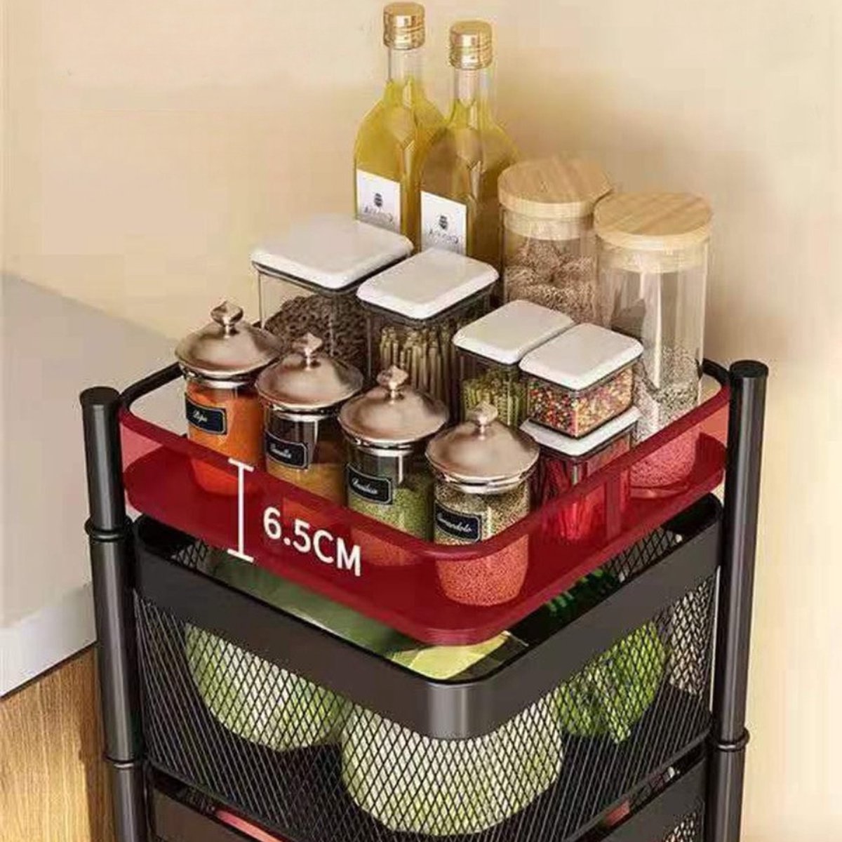Livista Keukentrolley vierhoek - 5 laags - Keukentrolley voor groente en fruit - Keukenrek op wielen - Opbergkast met manden - Carbon staal - 29 x 29 x 90 cm (LxBxH) - Zwart