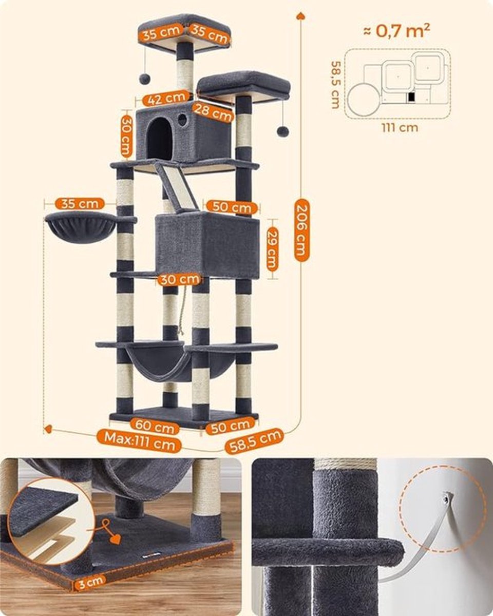 Livista Krabpaal voor zware katten - Hoge krabpaal - Krabpaal boomstam - Krabpaal voor grote katten - Kat toren - Krabpaal plafond - Stevige krabpaal - Krabpaal voor katten - XXL - Katten verblijf