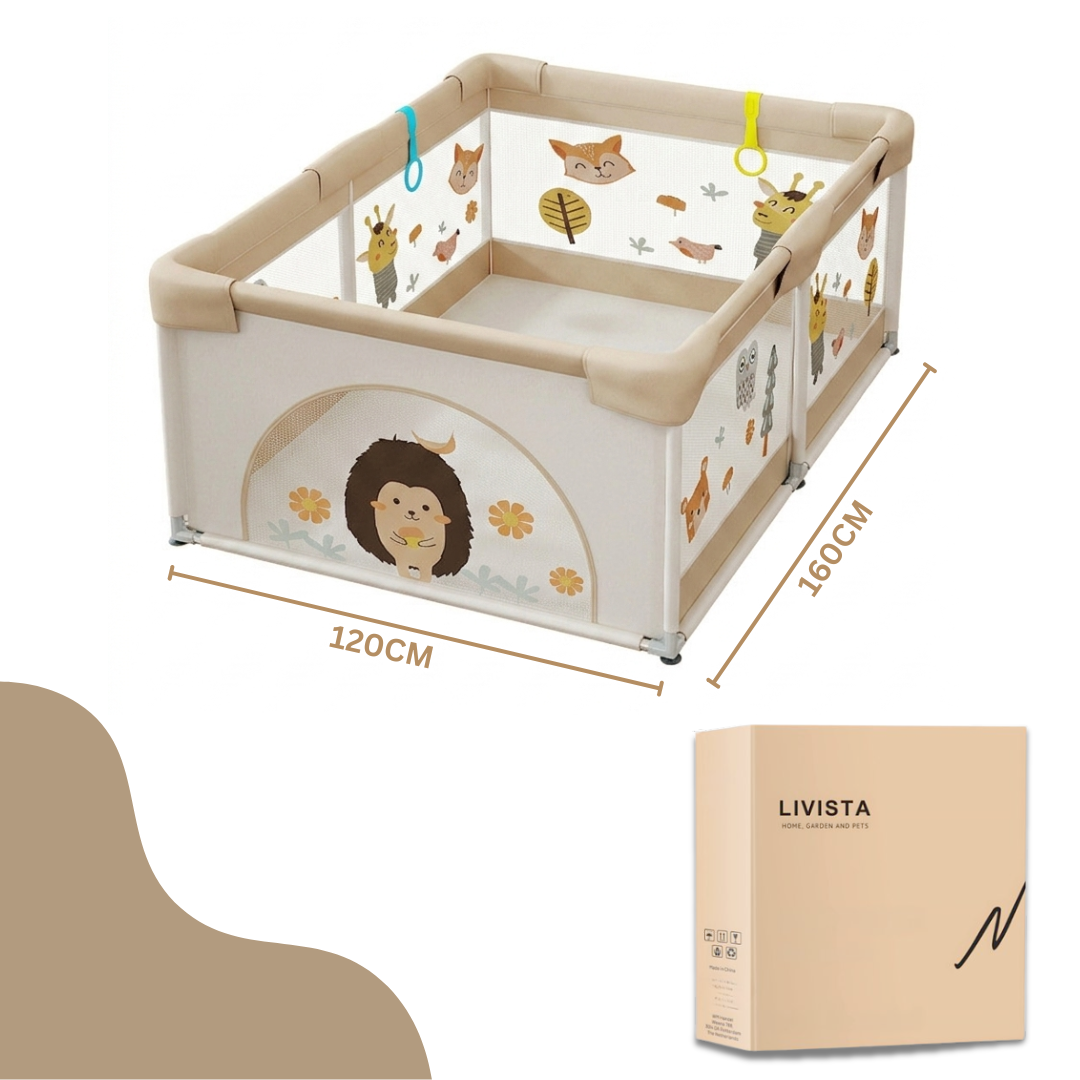 Livista Grondbox Baby - 120x160cm - Met Speelmat, 60 Speelballen, 2 Trekringen - Kinderbox - Speelbox - Playpen - Met Draagtas - Beige