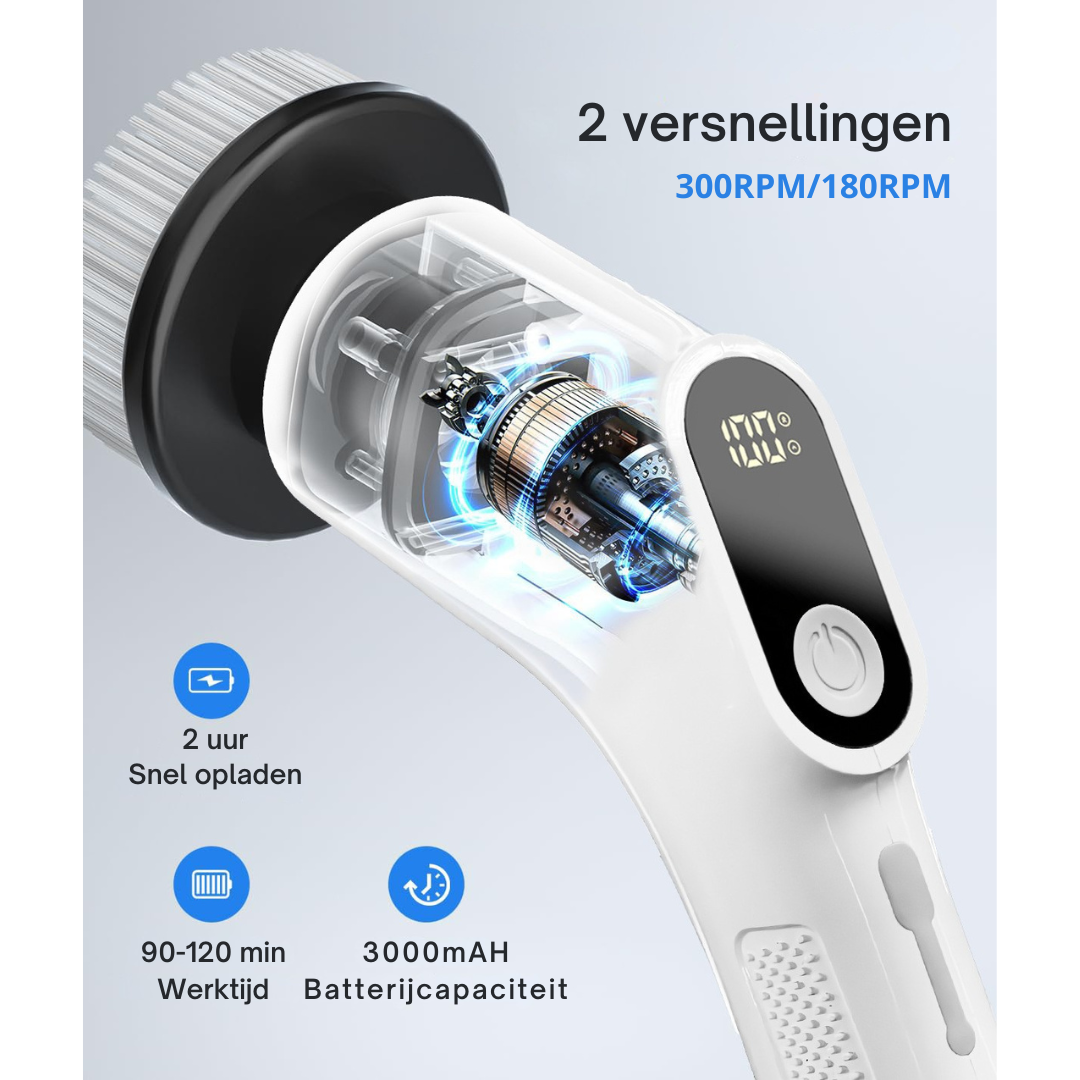 Livista Elektrische Reinigingsborstel – Lengte Verstelbaar tussen 36–137 cm – 300RPM Krachtige Rotatie – 4 Snelheidsinstellingen – 90~120 min Gebruik – 8 Opzetstukken – Geschikt voor Badkamers, Keukens, Glas, Auto's, Wastafels en Meer – Wit