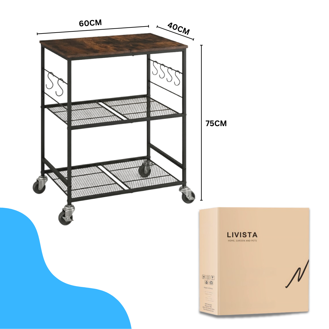 Livista Keukentrolley – Keukenrek met Wielen – 60x40x75cm – Magnetronrek & Keuken Organizer – 3 Laags Opbergrek – Met 6 Haken – Industrieel – Zwart/Hout