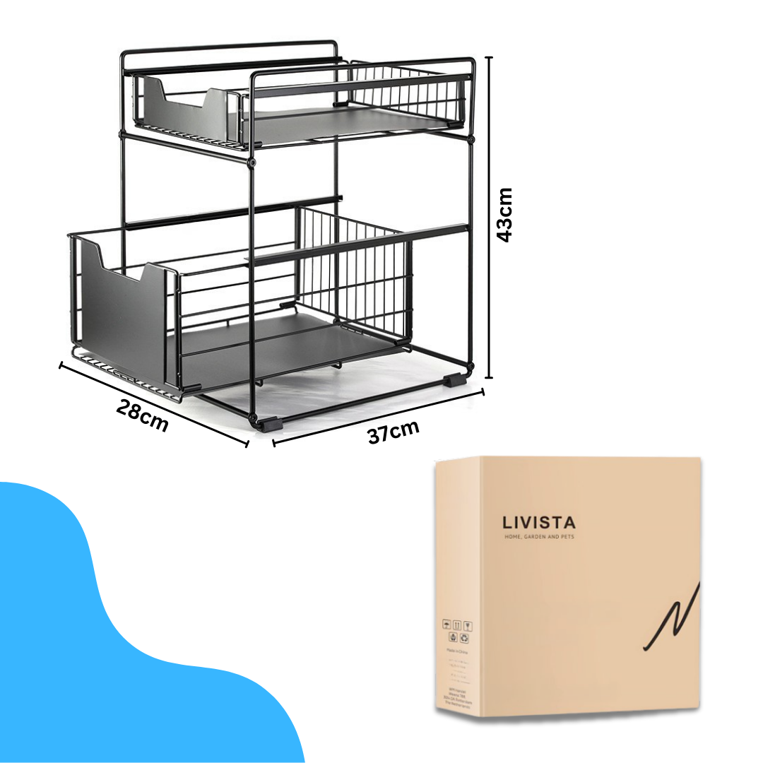 Livista Uittrekbare Organizer – Dubbele Lades – Antislip – Metalen Opbergrek – voor Keuken, Badkamer, Kast en Werkblad – Zwart