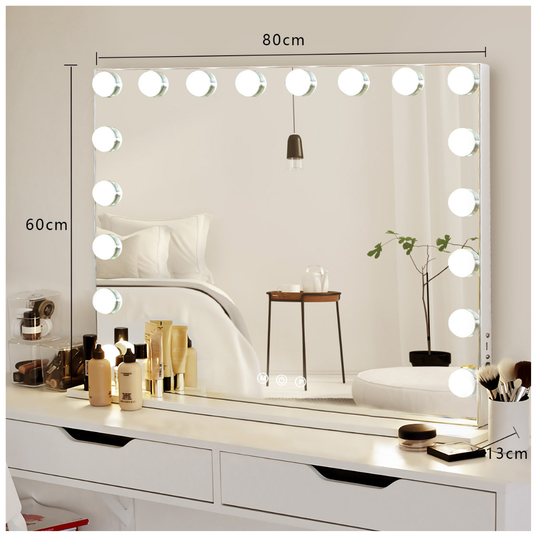 Livista Hollywood make-upspiegel - 18 dimbare lampen - 10x vergrotende spiegel - 80x60cm - Wit