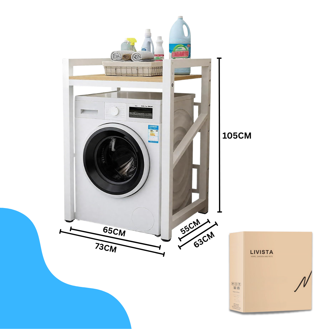 Livista Wasmachinerek - Wasmachine kast - Badkamerrek – Ruimtebesparende Wasmachine Organizer – Stalen Frame – 3 Hoogtestanden – Water-, Kras- en Hittebestendig Werkblad – Antislip Voetjes – 200 kg Draagvermogen - Wit/Hout