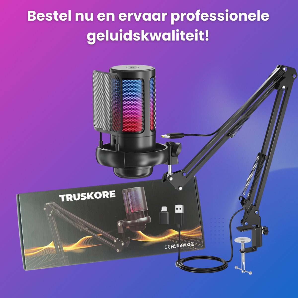 Truskore Microfoon met arm - USB - gaming - RGB Condensatormicrofoon - met Mute-Knop, Popfilter, Microfoonarm - Luxe microfoon
