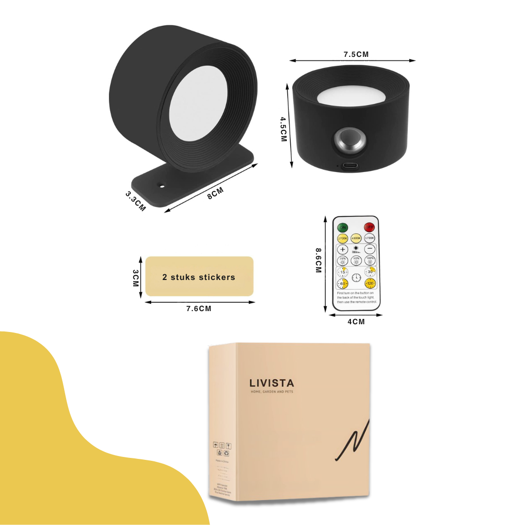 Livista Oplaadbaar Wandlamp – 2 Stuks – Draadloos Nachtlampje – Touch & Afstandsbediening – 3 Kleurtemperaturen – Dimbaar – USB – Zwart
