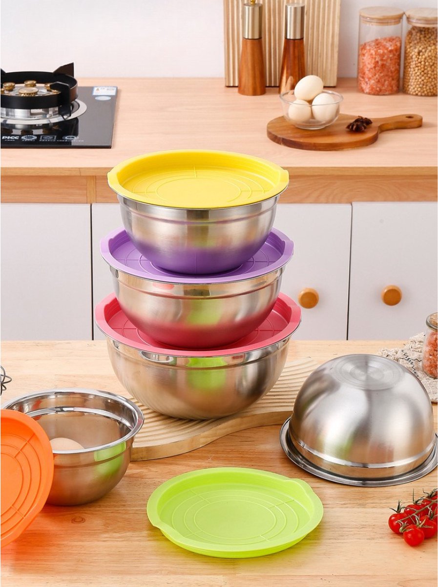Livista® RVS Mengkommen Set - 5-delig - Saladeschalen en Keukenkommen - Verstevigd en Duurzaam - Antislip Siliconen Bodem - Inclusief Deksel