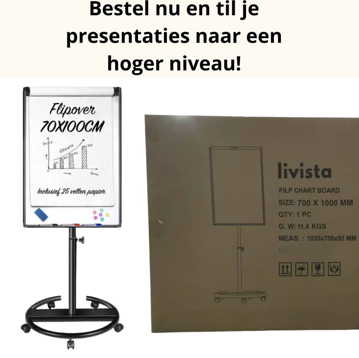 Livista Flipover Verrijdbaar 70x100cm - Stiften, Marker, Magneten en Mini whiteboard - Magnetisch Whiteboard - Verstelbaar Bord van 172 tot 215 cm - Met Uitschuifbare Armen