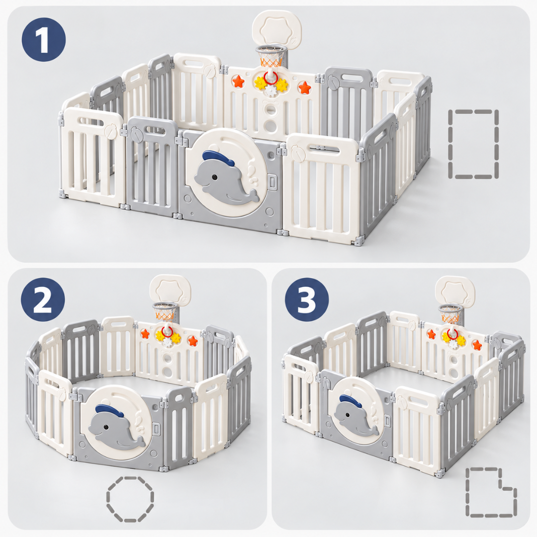 Livista Grondbox Baby –156x156x61cm – Inklapbare Speelbox met Walvisthema – 12+2 Panelen – Verstelbare Basketbalring – Met Zuignappen – Inclusief Kruipmat – Veilig Kinderbox Playpen