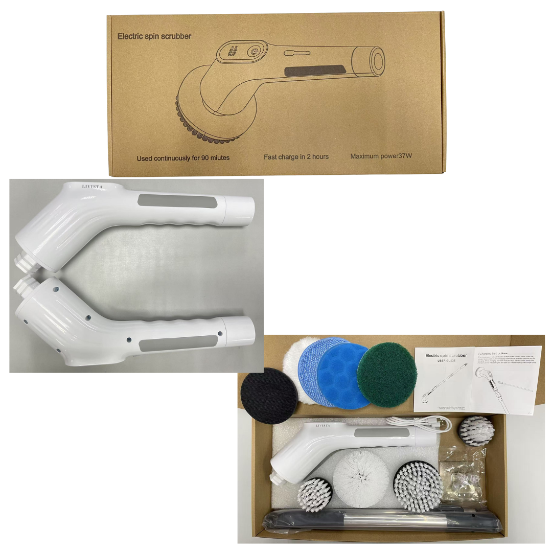 Livista Elektrische Reinigingsborstel – Lengte Verstelbaar tussen 36–137 cm – 300RPM Krachtige Rotatie – 4 Snelheidsinstellingen – 90~120 min Gebruik – 8 Opzetstukken – Geschikt voor Badkamers, Keukens, Glas, Auto's, Wastafels en Meer – Wit